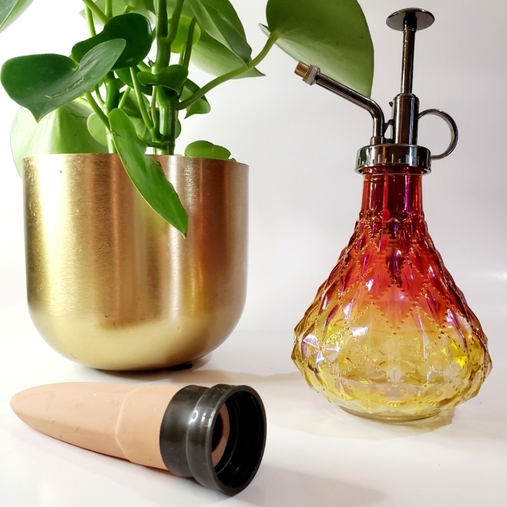 Plant Watering Globe, Terracotta Spike Iridescent Faceted Ombre Glass Mister